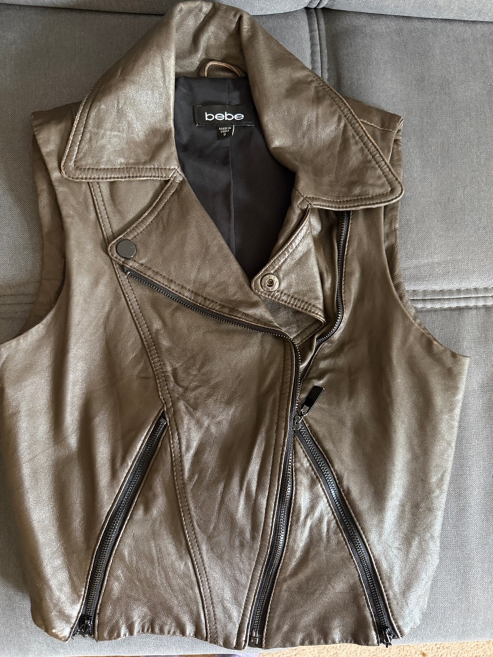 bebe Sleeveless Leather Moto Vest in Brown